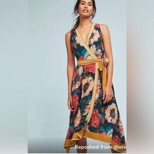 Anthropologie  Floral Colorful Wrap Sleeveless Pockets Asymmetrical Dress Size 6